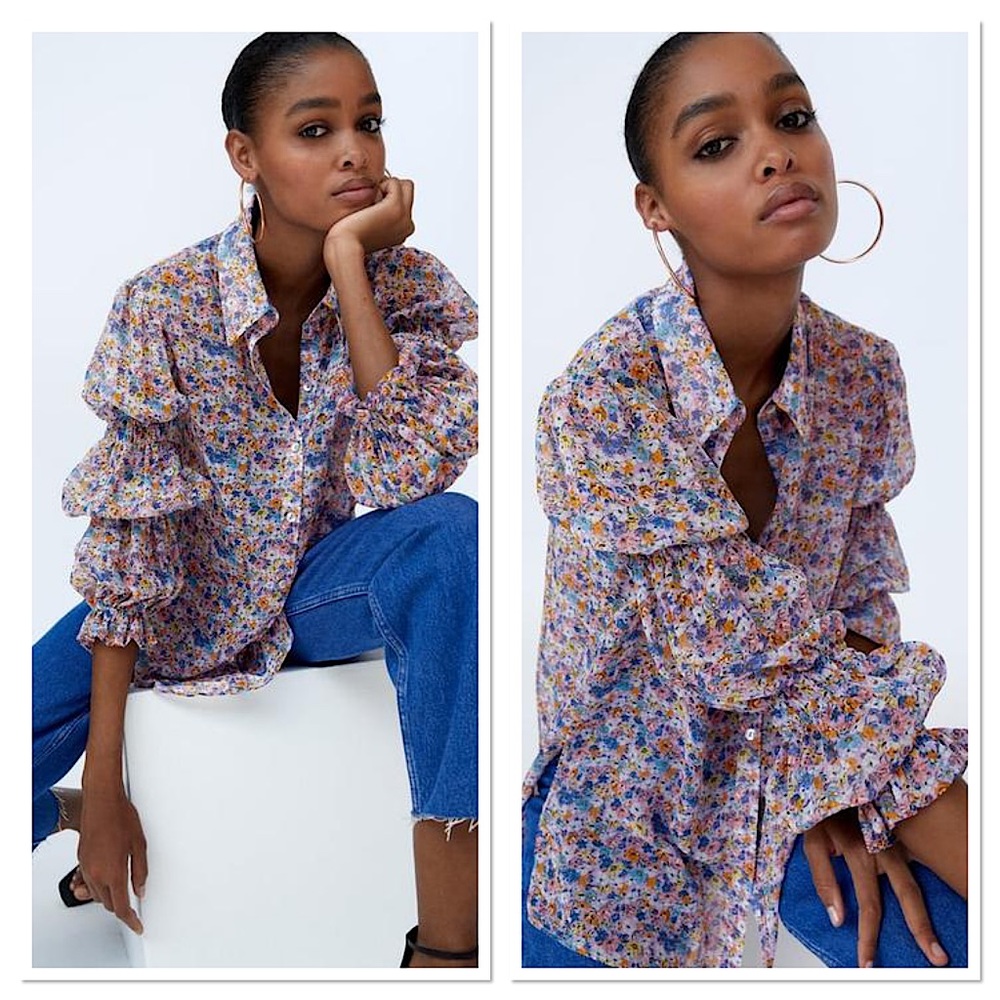 ZARA Semi Sheer Floral Printed Button Down Shirt Lavender Multicolor XL NWOT